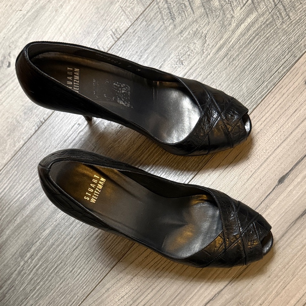Stuart Weitzman Classic Black Peep-Toe Heels